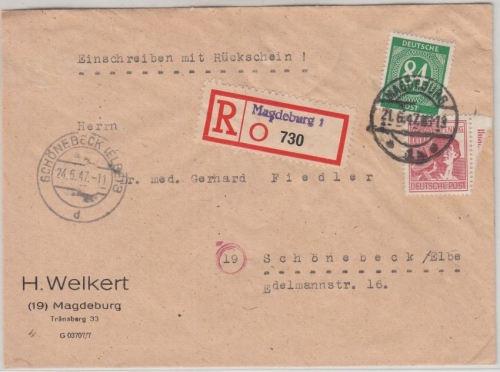 All.Bes./Kontrollrat 84 Pfg. Ziffer u.a. Einschreiben Rückschein Magedeburg 1947