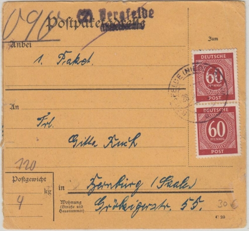All.Bes./Kontrollrat - 2x60 Pfg. Ziffer Paketkarte Bergfelde - Bernburg 1946