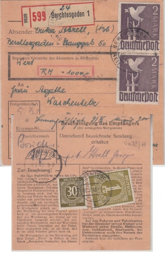 All.Bes./Kontrollrat - 2x2 M. Taube u.a. Wertpaketkarte Berchtesgaden 1948