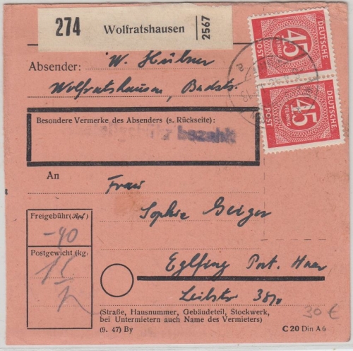 All.Bes./Kontrollrat - 45 Pfg Ziffer Paar Paketkarte Wolfratshausen Eglfing 1948