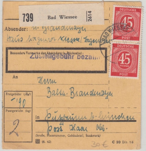 All.Bes./Kontrollrat - 2x45 Pfg. Ziffer Paketkarte Bad Wiessee Putzbrunn 1948