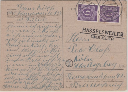 All.Bes./Kontrollrat - Hasselsweiler ü. Jülich Landpost-L2 Karte n. Köln 1947
