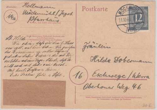 All.Bes./Kontrollrat - 12 Pfg. Ziffer entnazifizierte Ah-Ganzsache Möckmühl 1946