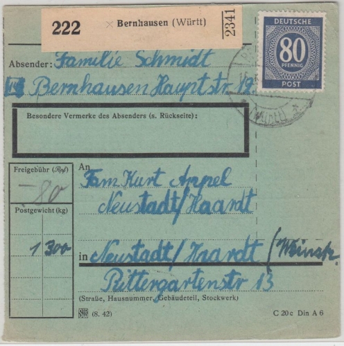 All.Bes./Kontrollrat - 80 Pfg. Ziffer Paketkarte Bernhausen - Neusadt a/H. 1947