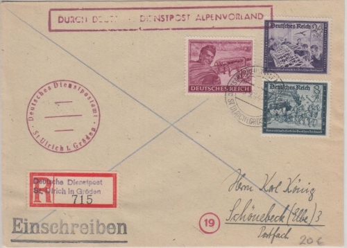 DR - DDP Alpenvorland St. Ulrich i. Gröden Einschreibebrief n. Schönebeck 1944