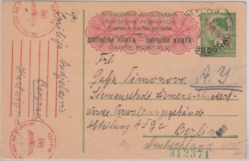 Dt. Bes. Serbien - 1 Din. König Peter Ganzsache Belgrad - Berlin 1942 OKW Zensur