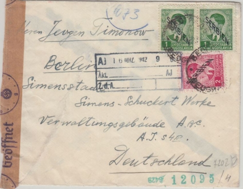 Dt. Bes. Serbien - 2x1+2 Din. König Peter Zensurbrief Belgrad - Berlin 1942