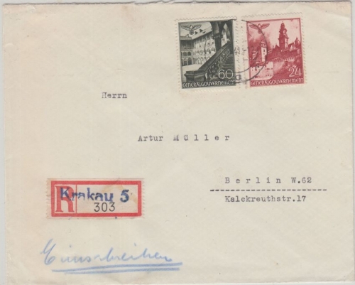 Gen.Gouv. Polen - 24+60 Gr. Bauwerke Einschreibebrief Krakau 5 - Berlin 1941