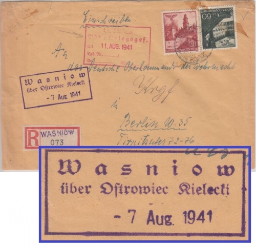 Gen.Gouv. Polen - 24+60 Gr Bauwerke Einschreibebrief Landpoststelle Wasniow 1941