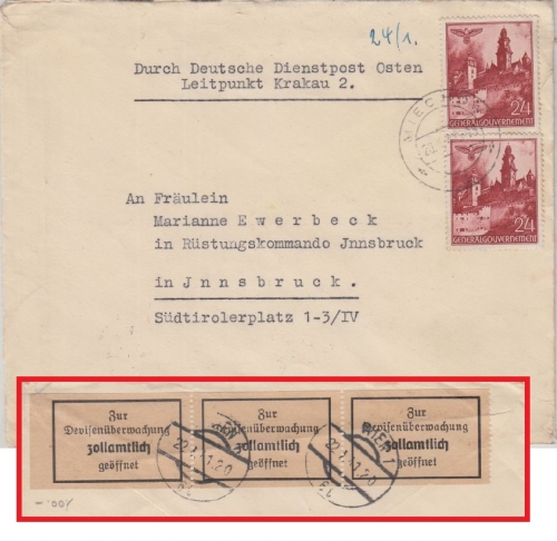 Gen.Gouv. Polen 2x24 Gr Bauwerke Brief Miechow Innsbruck 1941 Devisenzensur Wien