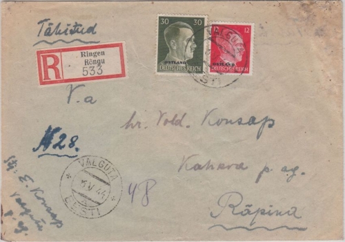 Dt. Bes. Ostland - 30+12 Pfg. AH Einschreibebrief Ringen Röngu - Valguta 1944