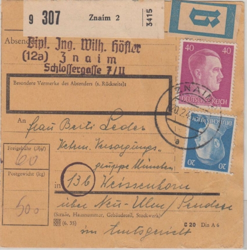 Böhmen & Mähren - 40+20 Pfg. AH Paketkarte/Beutelstück Znaim Weissenhorn 20.2.45
