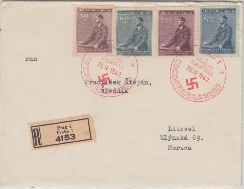Böhmen & Mähren - 53. Geburtstag AH Satz Einschreibebrief/FDC ESST Prag 1942
