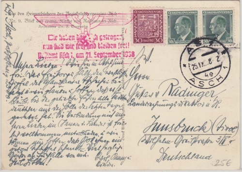 Sudetenland - Asch 25.12.38 Befreiungsstempel Karte n. Innsbruck