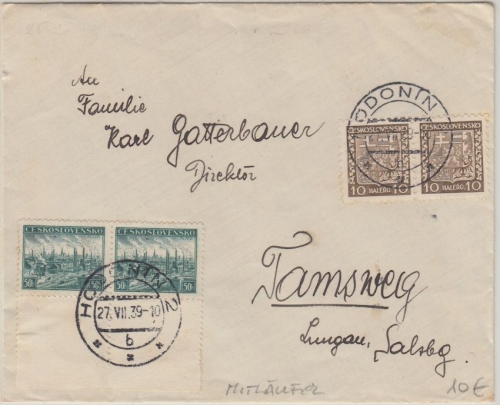 Sudetenland - Hodonin Göding Mitläufer Brief n. Tamsweg 27.7.39