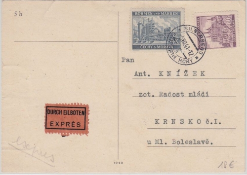 Böhmen & Mähren - 4 K. Freimarke u.a. Expresskarte Silberberg - Krnsko 1941