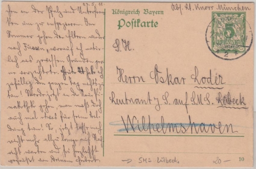 Bayern - 5 Pfg. Ganzsache München - Wilhelmshaven/SMS Lübeck 1911