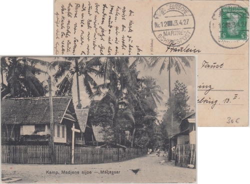DR - Deutsche Marine-Schiffspost Nr. 12 (Emden) Karte Makassar - Mainz 1927