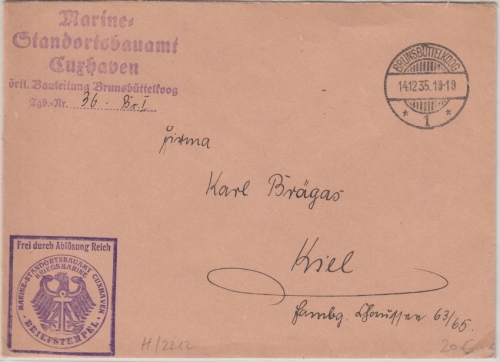 DR - Brunsbüttelkoog 1935 Dienstbrief Marine-Standortbauamt Cuxhaven n. Kiel