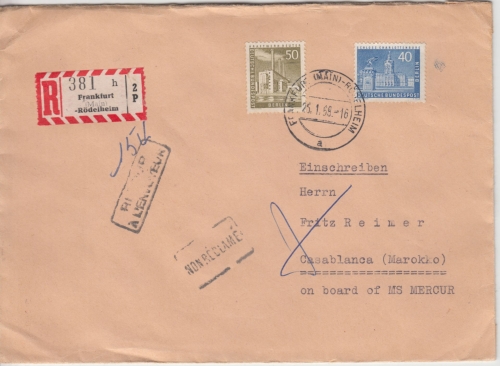 Berlin - 40+50 Pfg Stadtbilder II Einschreibebrief n. MAROKKO FFM-Rödelheim 1958