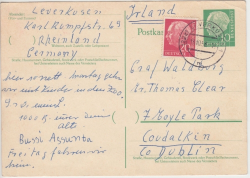 BRD - 10 Pfg. Heuss Ganzsache+Zusatz Karte n. IRLAND Leverkusen - Coudalkin 1958