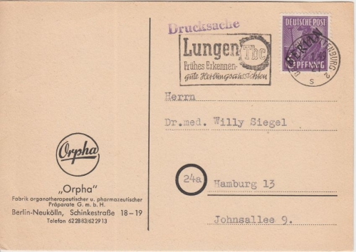 Berlin - 6 Pfg. Schwarzaufdruck Drucksachenkarte Pharma Berlin - Hamburg 1949