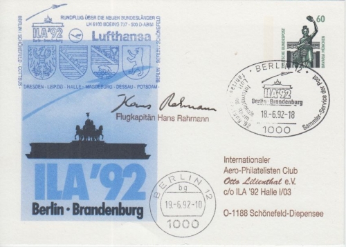 BRD - 60 Pfg. SWK Privatganzsache ILA'92 LH-Sonderflug + SST Berlin