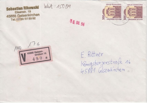 BRD - 2x500 Pfg. SWK Orts-Wertbrief Gelsenkirchen 1996