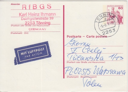 BRD - 60 Pfg. B&S Ganzsache Luftpostkarte n. POLEN Tönning - Wrschau 1981