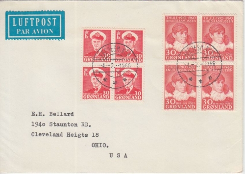 Grönland 4x30 Ö. Thule Knud Rasmussen u.a. Luftpostbrief n. USA Egedesminde 1966