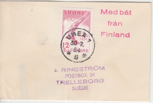 Finnland - 12 M. Olympiade Briefchen n. SCHWEDEN Med bat fran Finland 1954