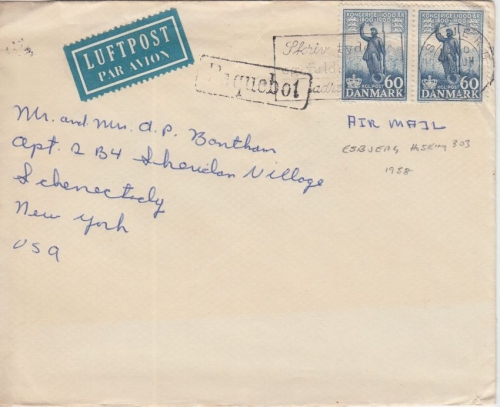 Dänemark 2x60 Ö 1000 J. Königreich Luftpostbrief n USA Ra1 Paquebot Esbjerg 1958
