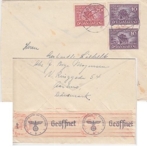Dänemark - 2x10+20 Ö. Vitus Bering Zensurbrief Aarhus - Berlin 1942