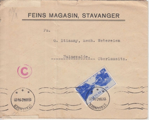Norwegen - 30 Ö. Sunn-Fjord Zensurbrief Stavanger - Hainewalde 1940