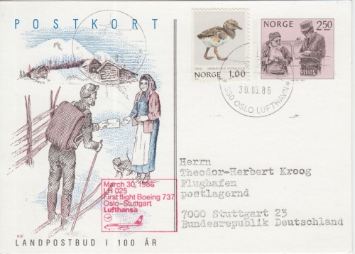 Norwegen - 100 J. Landpostdienst 2,50 Kr. Ganzsache LH Erstflug Oslo 1986 n.