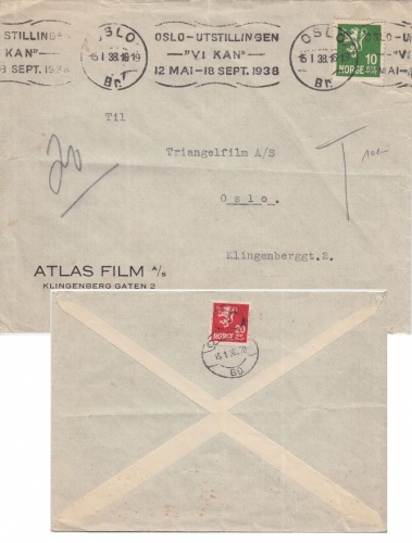 Norwegen - 10 Ö. Wappenlöwe unterfrankierter Ortsbrief Oslo 1938 20 Ö. Nachporto