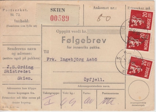 Norwegen - 3x20 Ö. Wappenlöwe Paketkarte Skien - Öyfjell 8.9.45