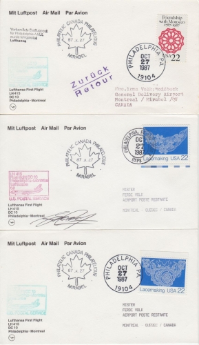 USA/Canada - Lufthansa Firstflight Philadelphia Montreal v.v. 1987 5 Belege