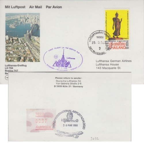 Thailand - Lufthansa Firstflight Bangkok - Sydney 1988 austr. Lagergebühr