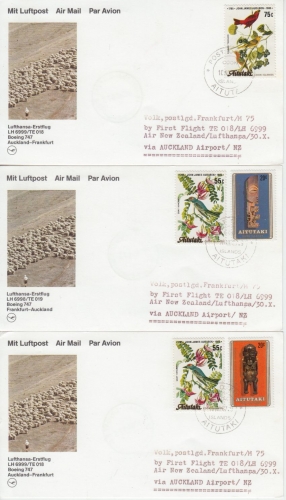 Aitutaki - Lufthansa (Firstflight) Auckland Frankfurt a/M 1987 3x Zuleitungspost
