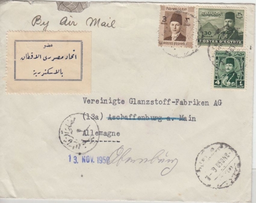 Ägypten - Alexandrien 1950 Luftpostbrief n Aschaffenburg Weiterleitung Obernburg