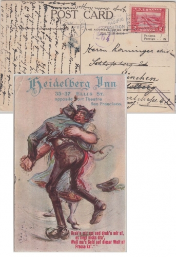 USA - 2 C. Panama Canal farbige Werbekarte Heidelberg Inn San Francisco 1913