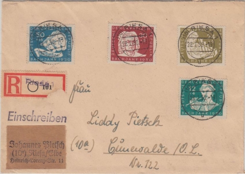 DDR - 200. Todestag J.S. Bach Satzbrief Einschreiben Riesa - Cunerswalde 1950