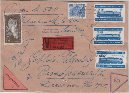 DDR - 3x25 Pfg. Leipziger Messe u.a. nachnahme Wertbrief Großdeuben ü. Gaschwitz
