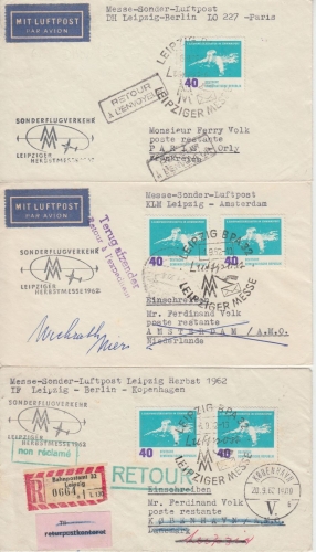 DDR - Leipziger Messe 3x Sonderluftpost Dänemark, Niederlande, Frankreich 1962