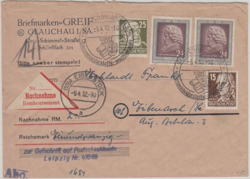 DDR - 2x24 Pfg Beethoven u.a. Nachnahmebrief Lauscha - Eibenstock 1952
