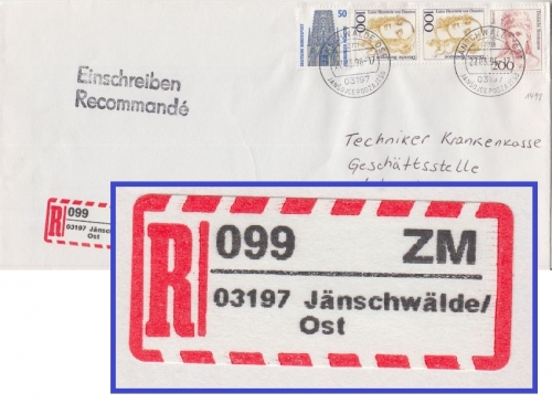 BRD - Jänschwälde/Ost selbstkl. R-Zettel Einschreibebrief n. Berlin 1996