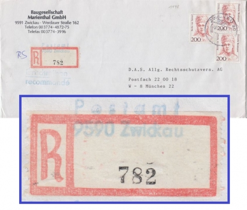 BRD - 3x200 Pfg. Frauen Einschreibebrief Rückschein Zwickau - München 1991