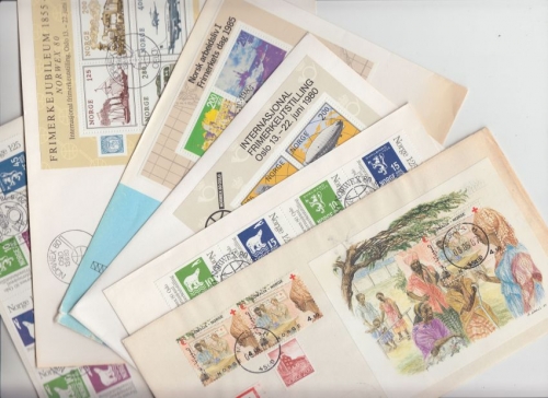 Norwegen - 1980/87 6 Briefe/Schmuckumschläge (darunter 5 FDC) Blöcke/MH-Blätter
