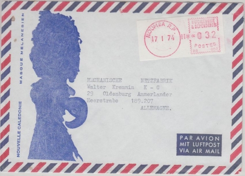 Neukaledonien - Noumea 1974 32 Fr. Gebührenfreistempel Luftpostbrief n Oldenburg